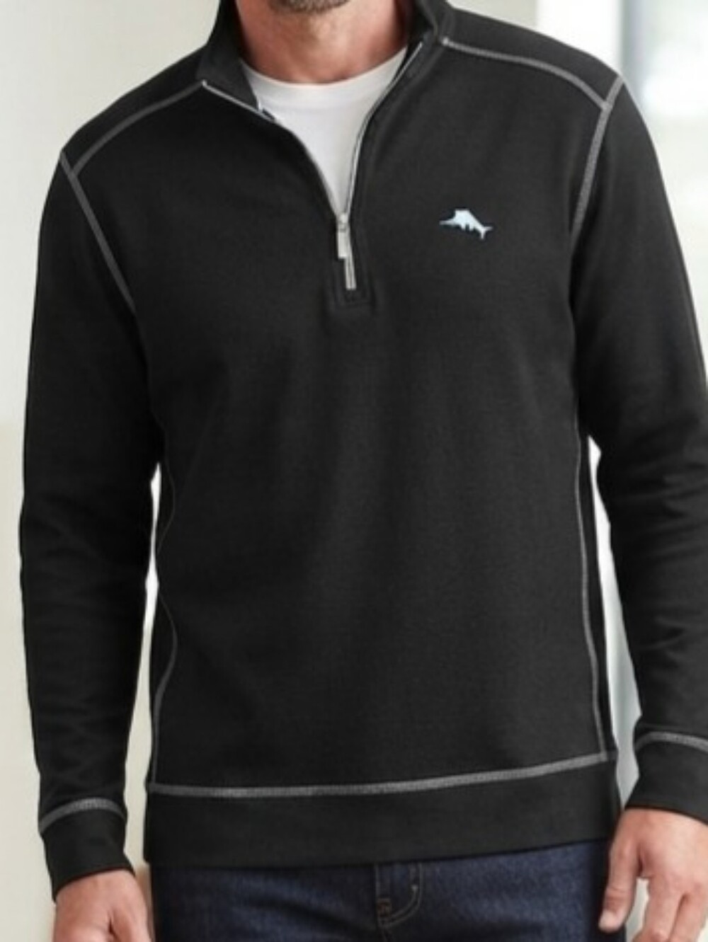 Tommy Bahama Black Half-Zip Sweater with Gray Contrast And Light Blue Logo. Sz L